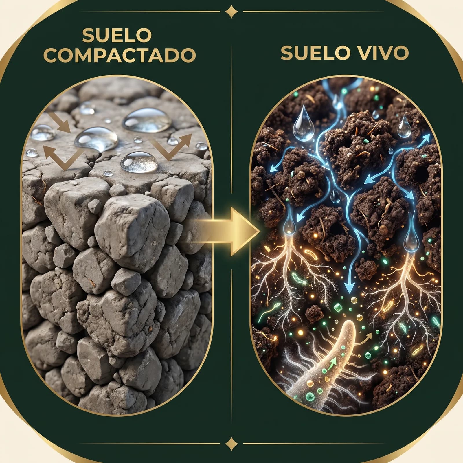 Tierra compactada y seca al lado de tierra oscura y suelta, con el agua y las raíces llegando hasta abajo