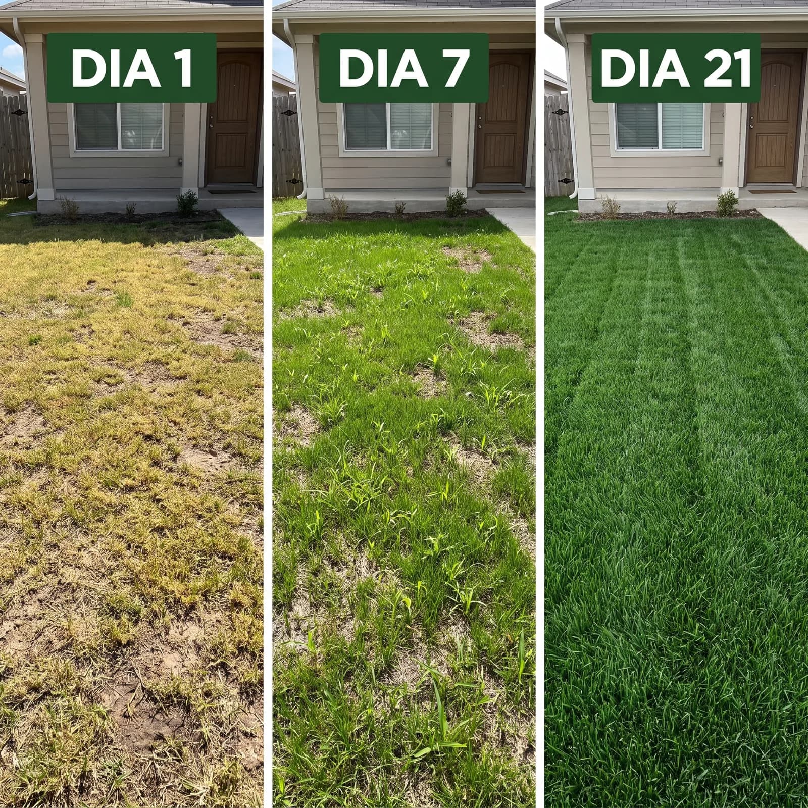 El mismo césped el día 1, el día 7 y el día 21: de amarillo y ralo a verde y parejo